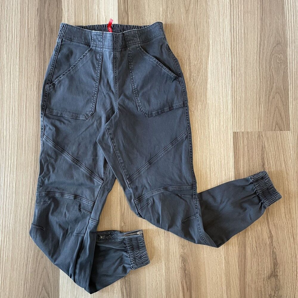 Spanx Joggers Womens M Gray Stretch Twill Cargo Jogger Ankle Zip Moto Pants Tech